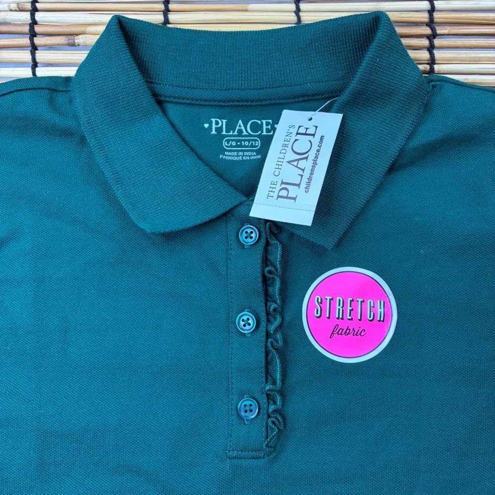 The Childrens Place‎ Girls Green Long Sleeve Ruffle Polo Shirt Size L 10/12 NEW